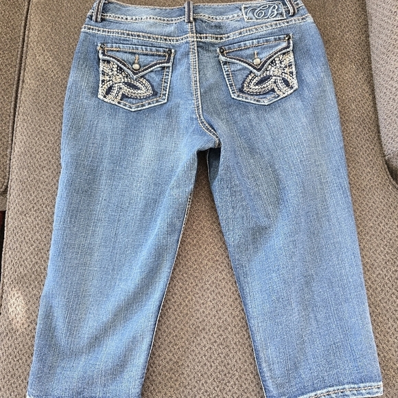 Code Bleu Jeans Womens 14 Mid Rise Blue Capri Fit 36×22 Stretch Pockets Slits - Picture 11 of 15